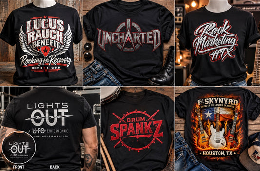 Custom full-color DTF shirt printing by Rock Marketing HTX